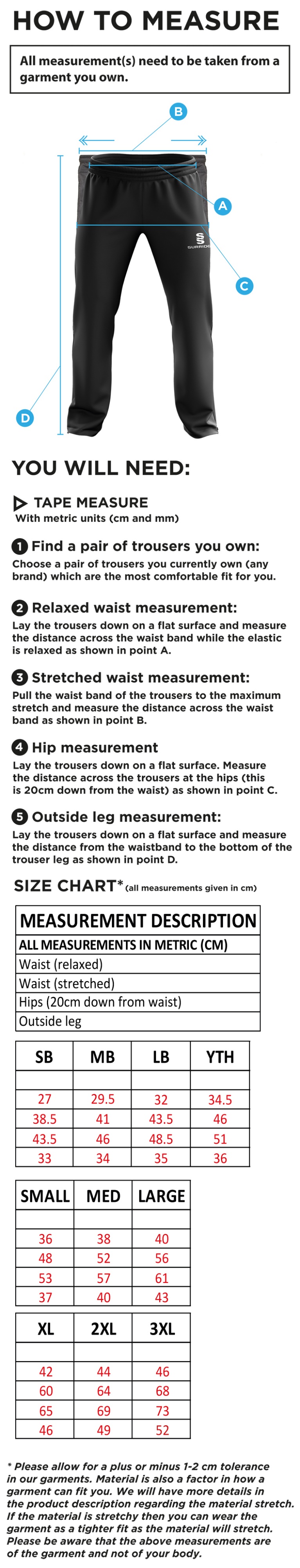 BURGHLEY PARK CC RIPSTOP TRACK PANTS - Size Guide