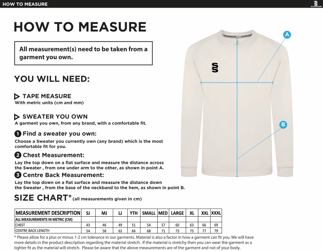 BURGHLEY PARK CC Blast Long Sleeve Cricket Sweater - Size Guide