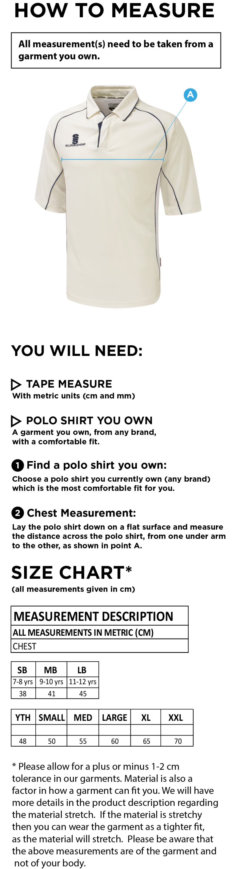 BURGHLEY PARK CC 3/4 PREMIER SHIRT - Size Guide