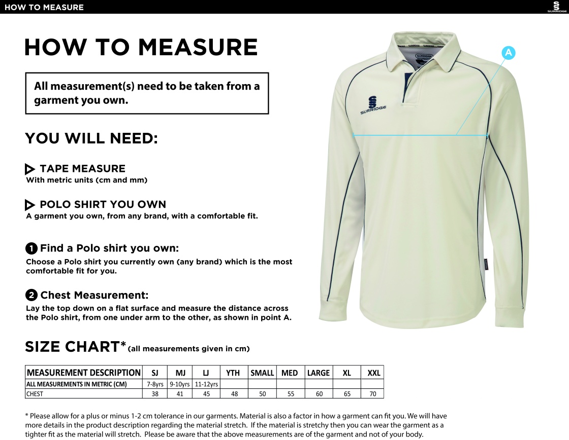 BURGHLEY PARK CC PREMIER LONG SLEEVE SHIRT - Size Guide