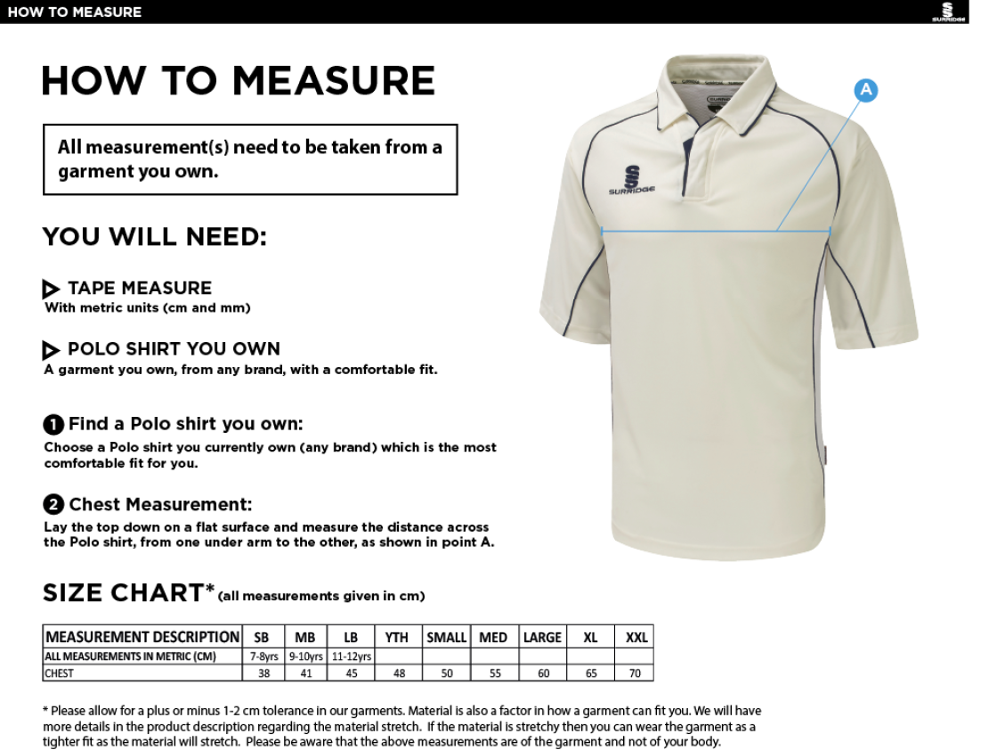 BURGHLEY PARK CC 3/4 PREMIER SHIRT - Size Guide
