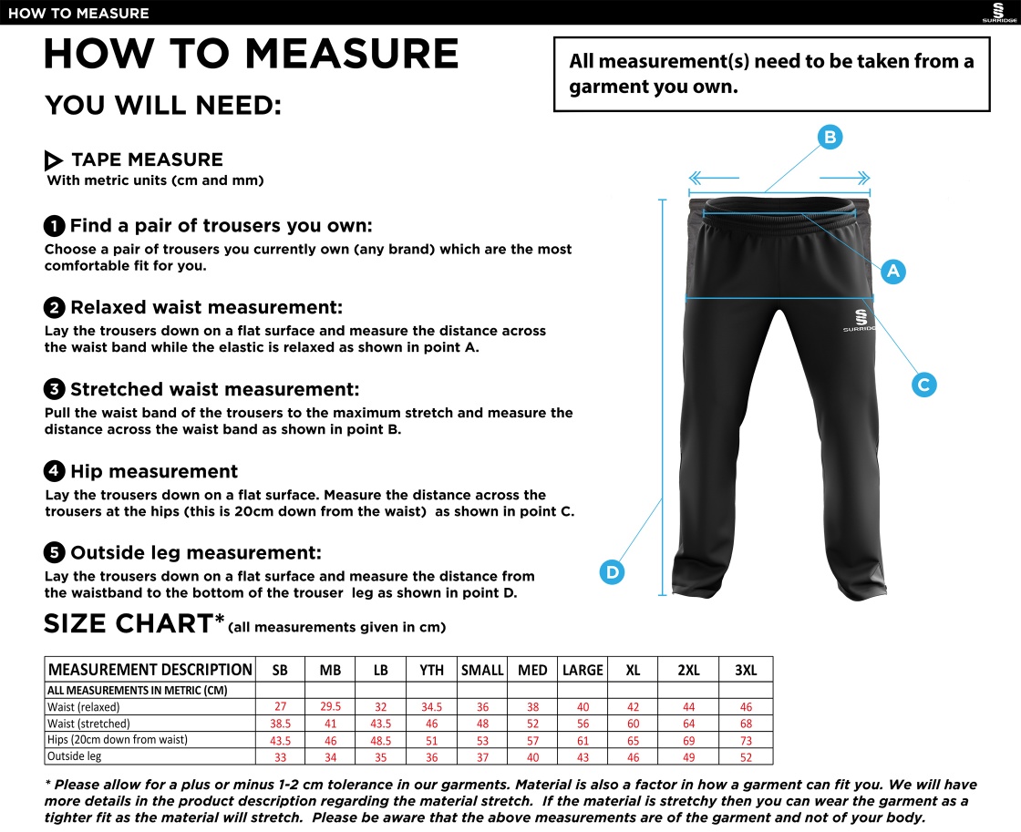 BURGHLEY PARK CC RIPSTOP TRACK PANTS - Size Guide