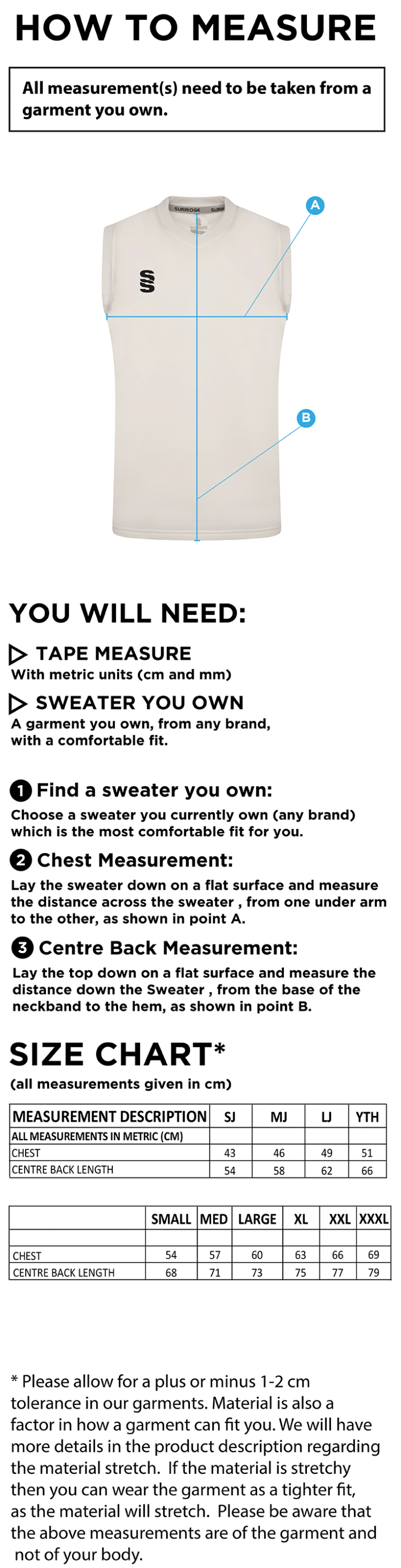BURGHLEY PARK CC Blast Sleeveless Cricket Sweater - Size Guide