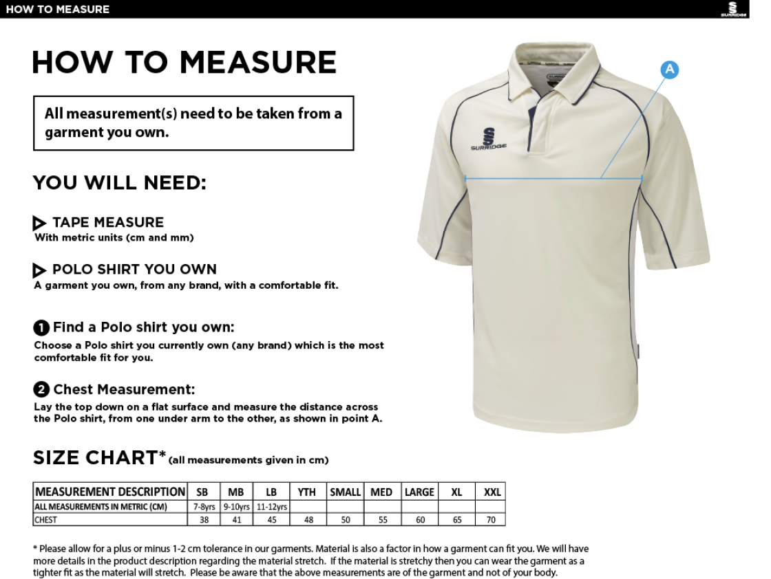BURGHLEY PARK CC 3/4 PREMIER SHIRT - Size Guide