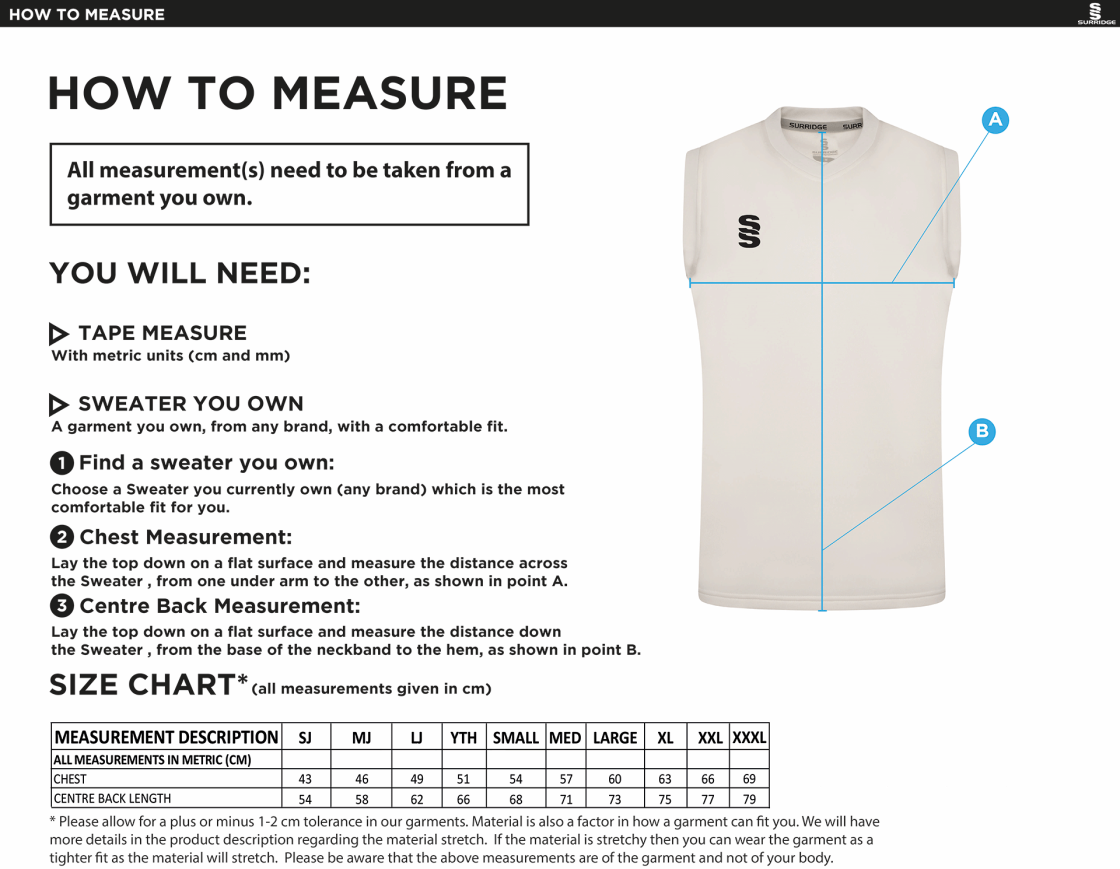 BURGHLEY PARK CC Blast Sleeveless Cricket Sweater - Size Guide