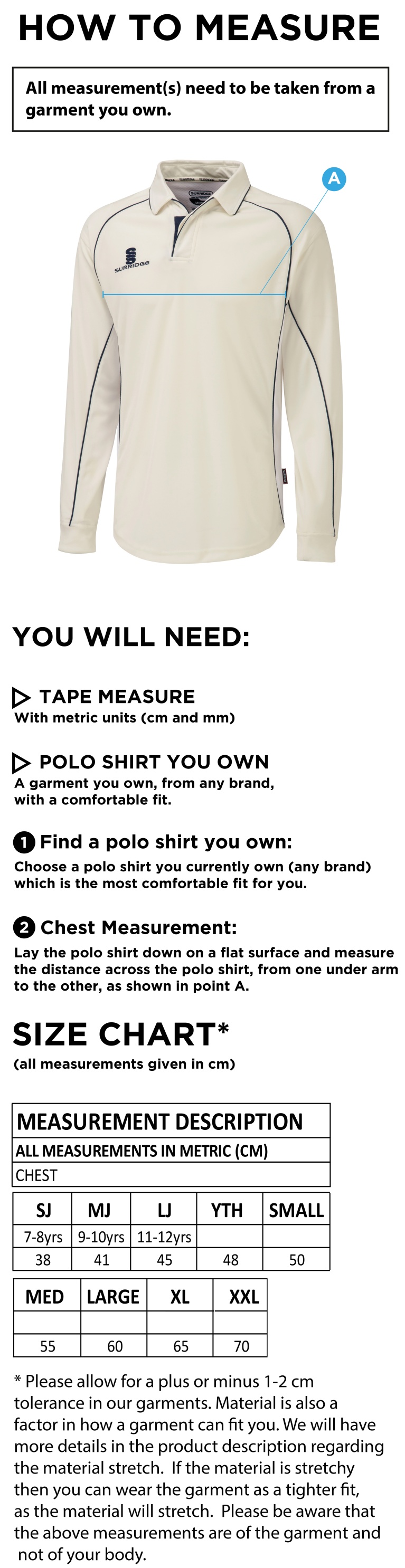 BURGHLEY PARK CC PREMIER LONG SLEEVE SHIRT - Size Guide