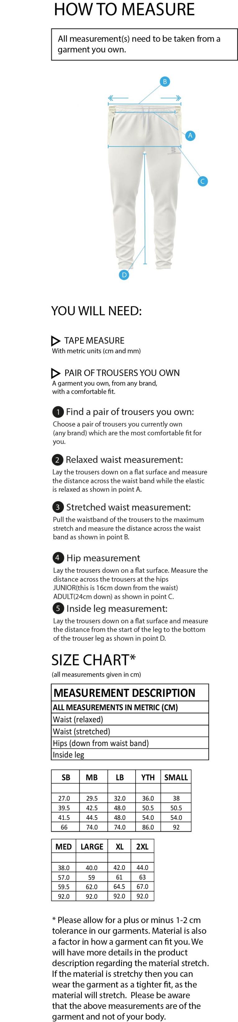 BURGHLEY PARK CC TEK TROUSERS - Size Guide